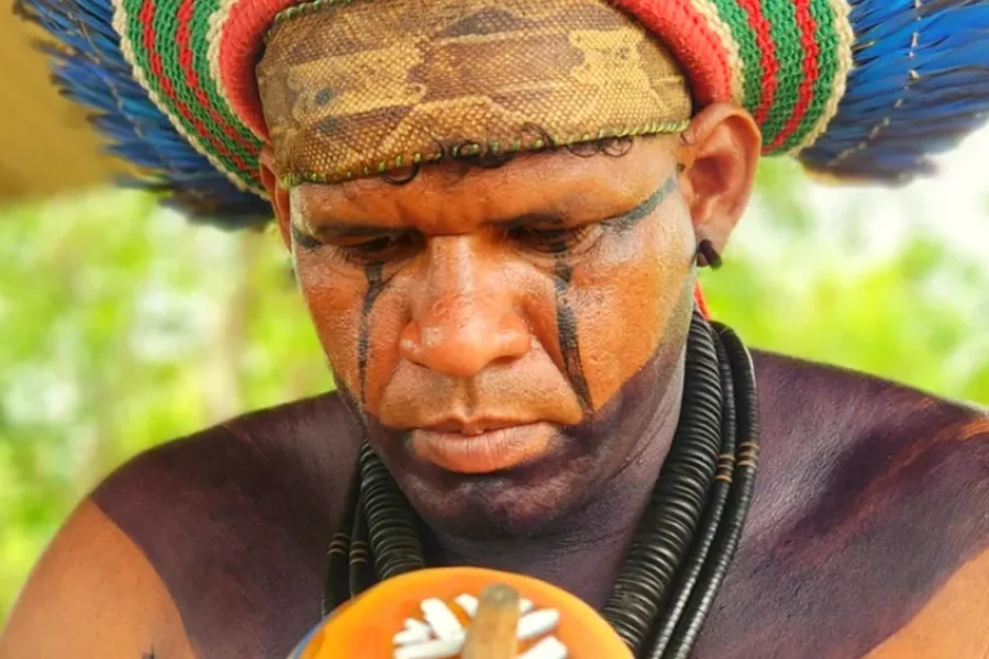 A Kariri-Xocó indigenous leader wearing a colourful feathered headdress and traditional facial paint, in a moment of deep focus during an ancestral healing ceremony in the Kariri-Xocó people's territory, Alagoas, Brazil.