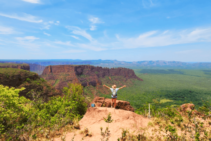 Panoramic view of Chapada dos Guimarães with a traveller at the viewpoint, sandstone canyons, Cerrado vegetation, and a wide horizon under a blue sky.