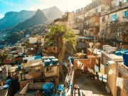 Vista sulle case colorate e i vicoli della Rocinha, la favela più grande dell'America Latina, con palme, tetti e la Serra da Carioca sullo sfondo sotto un cielo azzurro, a Rio de Janeiro, Brasile.