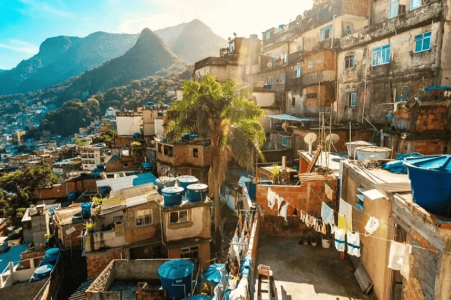 View over the colourful houses and alleyways of Rocinha, the largest favela in Latin America, with palm trees, rooftops and the Serra da Carioca in the background under a blue sky, in Rio de Janeiro, Brazil.