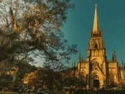 La facciata gotica della Cattedrale di São Pedro de Alcântara a Petrópolis, con la sua torre appuntita che si staglia sopra la rigogliosa vegetazione sotto un cielo azzurro, nella Serra Fluminense, Rio de Janeiro, Brasile.