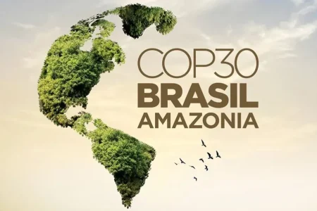 COP30 Brazil Amazon — green map of South America shaped from tropical rainforest