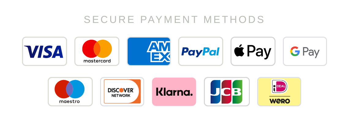 Accepted payment methods: Visa, Mastercard, Amex, PayPal, Apple Pay, Google Pay, Maestro, Discover, Klarna, JCB, iDEAL